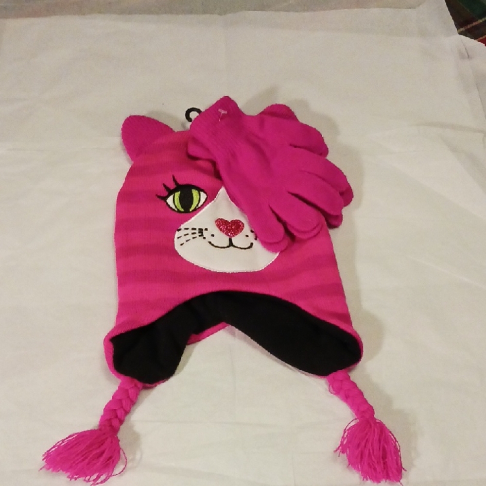 Vibrant Pink Cat Ear Hat and Glove Set for Kids
